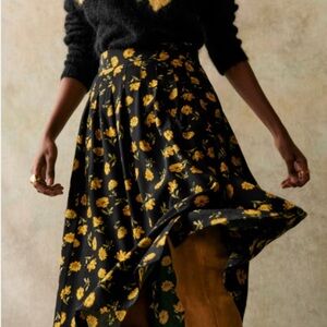 Floral A-Line Midi Skirt in Black and Yellow
